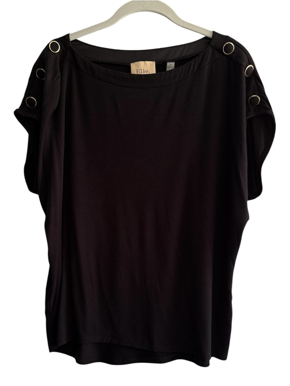 Elie. Short Cap Sleeve Tee Button Detail Top Black Gold Size S